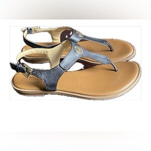 Michael Kors Black and Tan Leather T-Strap Sandals